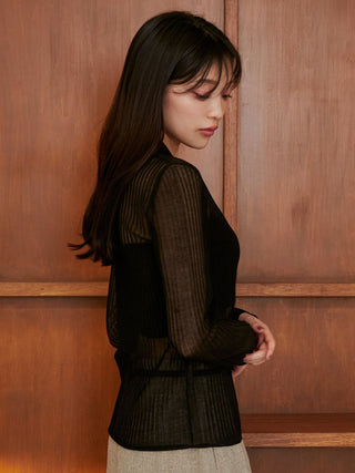 Sheer Knit Collared Top in Black, Premium Women's Knitwear at SNIDEL USA