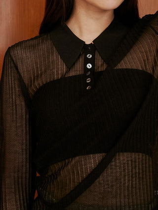 Sheer Knit Collared Top in Black, Premium Women's Knitwear at SNIDEL USA