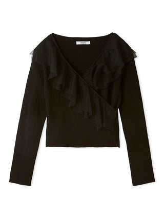 Sustainable Cache-Coeur Tulle Knit Top in Black, Premium Fashionable Women's Tops Collection at SNIDEL USA