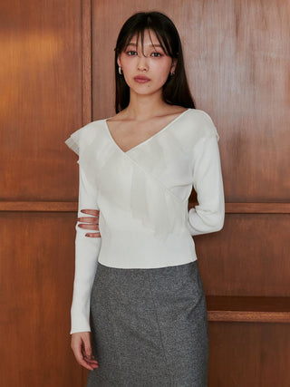 Sustainable Cache-Coeur Tulle Knit Top in White, Premium Fashionable Women's Tops Collection at SNIDEL USA