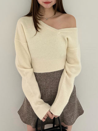 Raccoon Asymmetric Knit Pullover in Ivory, Premium Women's Knitwear at SNIDEL USA