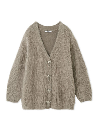 Jeweled Ribbon Fuzzy Knit Cardigan in Gray, Premium Women's Fashionable Cardigans, Pullover at SNIDEL USA