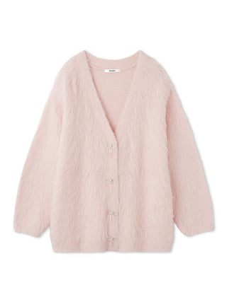 Jeweled Ribbon Fuzzy Knit Cardigan in Pink, Premium Women's Fashionable Cardigans, Pullover at SNIDEL USA