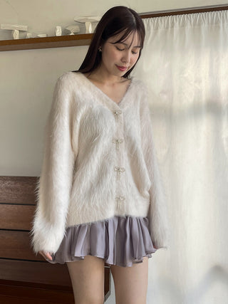 Jeweled Ribbon Fuzzy Knit Cardigan in Ivory, Premium Women's Fashionable Cardigans, Pullover at SNIDEL USA