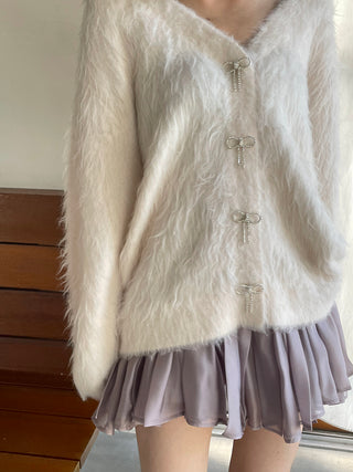 Jeweled Ribbon Fuzzy Knit Cardigan in Ivory, Premium Women's Fashionable Cardigans, Pullover at SNIDEL USA