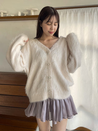 Jeweled Ribbon Fuzzy Knit Cardigan in Ivory, Premium Women's Fashionable Cardigans, Pullover at SNIDEL USA