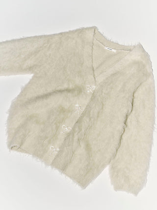 Jeweled Ribbon Fuzzy Knit Cardigan in Mint, Premium Women's Fashionable Cardigans, Pullover at SNIDEL USA