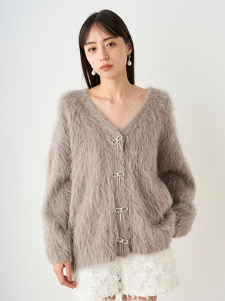 Jeweled Ribbon Fuzzy Knit Cardigan in Gray, Premium Women's Fashionable Cardigans, Pullover at SNIDEL USA