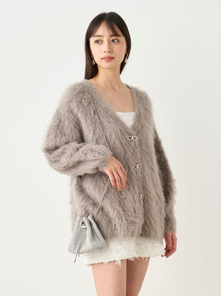 Jeweled Ribbon Fuzzy Knit Cardigan in Gray, Premium Women's Fashionable Cardigans, Pullover at SNIDEL USA