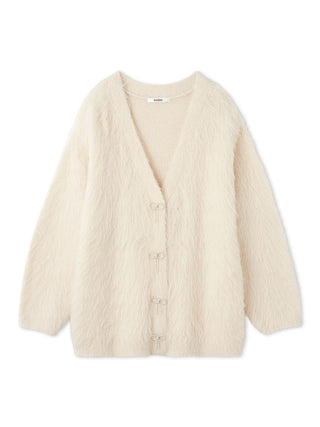 Jeweled Ribbon Fuzzy Knit Cardigan in Ivory, Premium Women's Fashionable Cardigans, Pullover at SNIDEL USA