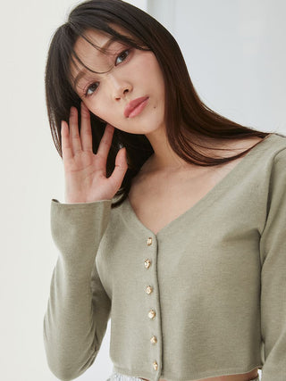 Metal Button Cropped Cardigan in Olive, Premium Women's Fashionable Cardigans, Pullover at SNIDEL USA