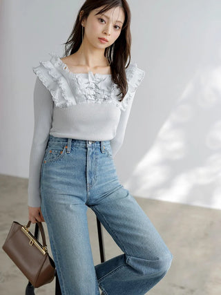 Ruffled Off-Shoulder Ribbed Knit Top