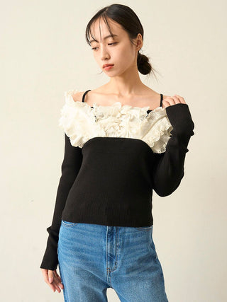 Ruffled Off-Shoulder Ribbed Knit Top