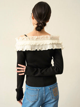 Ruffled Off-Shoulder Ribbed Knit Top