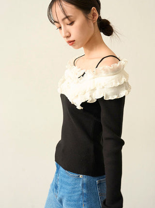 Ruffled Off-Shoulder Ribbed Knit Top