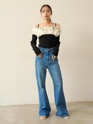 Ruffled Off-Shoulder Ribbed Knit Top