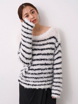 Fluffy Boat Neck Knit Sweater in Border, Premium Women's Knitwear at SNIDEL USA