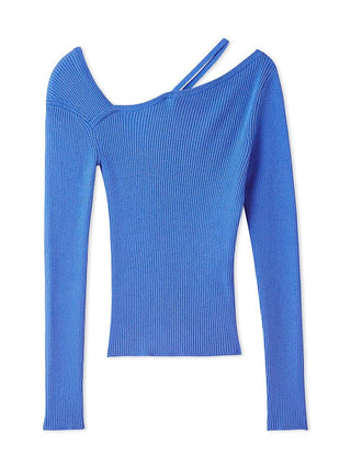 Off-Shoulder Asymmetrical Ribbed Knit Top in BLUE, Premium Fashionable Women's Tops Collection at SNIDEL USA.