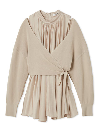 2-in-1 Wrap Layered Knit and Pleated Blouse in LIGHT BEIGE, Premium Fashionable Women's Tops Collection at SNIDEL USA.