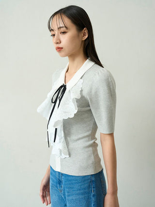 Puff Sleeve Knit Blouse with Lace Detail