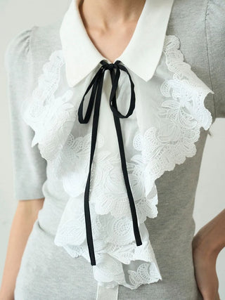 Puff Sleeve Knit Blouse with Lace Detail