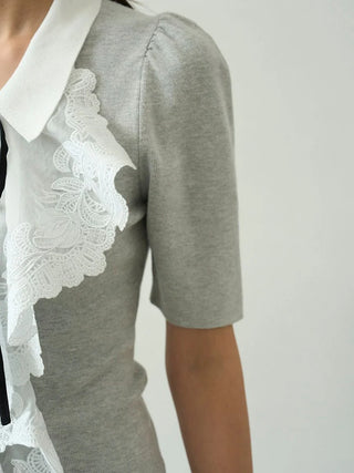 Puff Sleeve Knit Blouse with Lace Detail