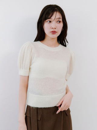 Sheer Mohair Puff Sleeve Knit Pullover