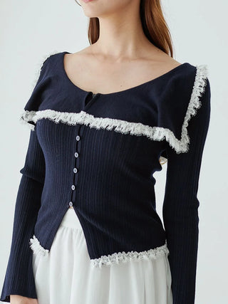 Sustainable Big Collar Lace Trim Knit Pullover