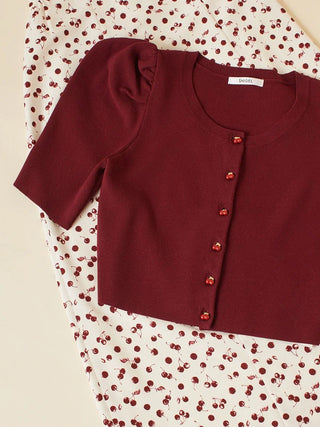 Fruit Button Puff Knit Cardigan