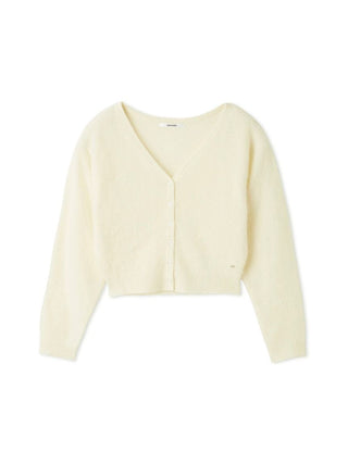 A pale cream-colored knit cardigan sweater with a V-neck, long sleeves, and a button-up front, displayed on a clean white background.