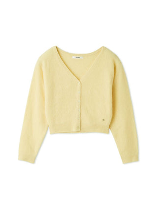 A pale yellow cropped cardigan sweater with long sleeves and a V-neck, featuring a button-up front and a small embroidered logo on the lower right side, displayed on a clean white background.