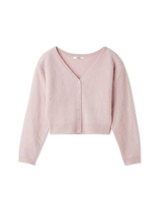 A light pink cropped cardigan sweater with long sleeves and a V-neckline, featuring a button-up front and ribbed cuffs and hem, displayed on a clean white background.