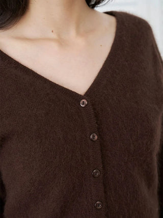 Close-up of a person wearing a dark brown fuzzy V-neck cardigan sweater with front buttons.