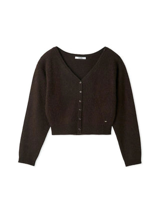A dark brown cropped cardigan sweater with a V-neck, long sleeves, and a button-up front, displayed on a clean white background.