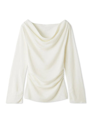 An off-white long-sleeve knit top with a draped cowl neckline and gathered side details, shown against a plain white background.