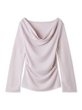 A light pink long-sleeve knit top with a draped cowl neckline and gathered ruching at the waist, shown against a plain white background.