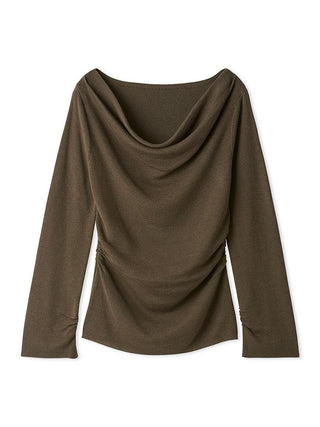 A women's long-sleeve knit top in a solid dark brown color, featuring a draped cowl neckline and ruched side detailing, shown against a plain white background.