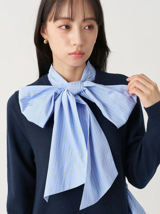 A woman wearing a navy blue knit sweater and a light blue and white striped bow tie, holding the tie in front of her chest against a plain light background.