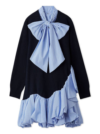 A long-sleeve black knit dress featuring a large light blue striped bow at the collar and a layered, ruffled light blue striped skirt, shown against a plain white background.
