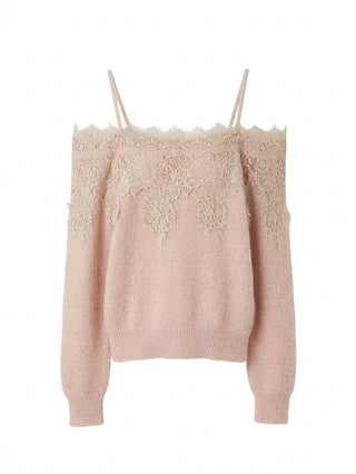 Front view of the SNIDEL pink lace-trim knit pullover with shoulder straps, long sleeves and ribbed cuffs and hem
