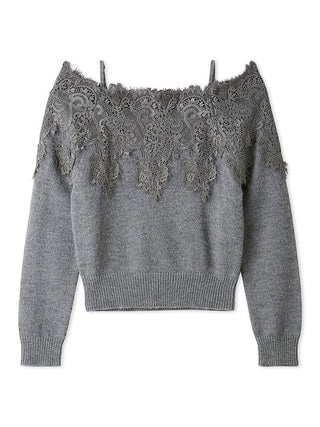 A gray knit sweater with long sleeves, a ribbed hem and cuffs, and a wide lace yoke across the shoulders, shown on a plain white background.