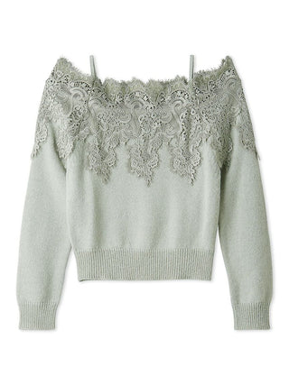 A pale sage green knit sweater with a wide lace yoke across the shoulders and thin shoulder straps, shown on a plain white background.