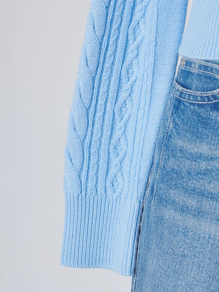 A close-up of a light blue cable-knit sweater paired with light-wash blue jeans against a plain light gray background.