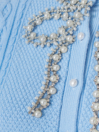 Close-up of a light blue knit cardigan featuring pearl embellishments and silver crystal beadwork along the front placket and chest area.