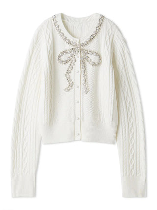 An off-white cable-knit cardigan sweater featuring a decorative beaded bow detail at the neckline and a button-up front, displayed on a clean white background.