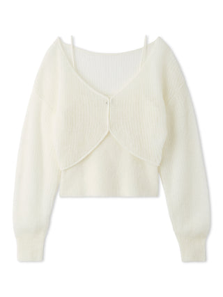 An off-white ribbed knit long-sleeve crop top with a split V-neckline and a small button detail at the center, displayed on a clean white background.