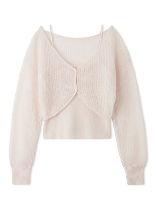 A light pink knit long-sleeve crop top with a draped, layered front design and thin shoulder straps, shown on a plain white background.