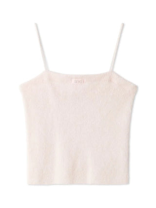 A pale blush pink fuzzy knit camisole top with thin spaghetti straps, shown flat against a solid white background.