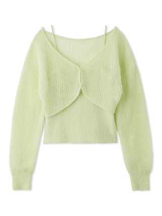 A light lime green knit long-sleeve crop top with a wide, draped collar and thin spaghetti straps, shown against a plain white background.