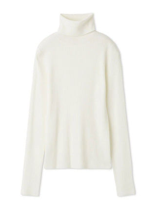 An off-white ribbed knit turtleneck sweater with long sleeves, displayed against a solid white background.